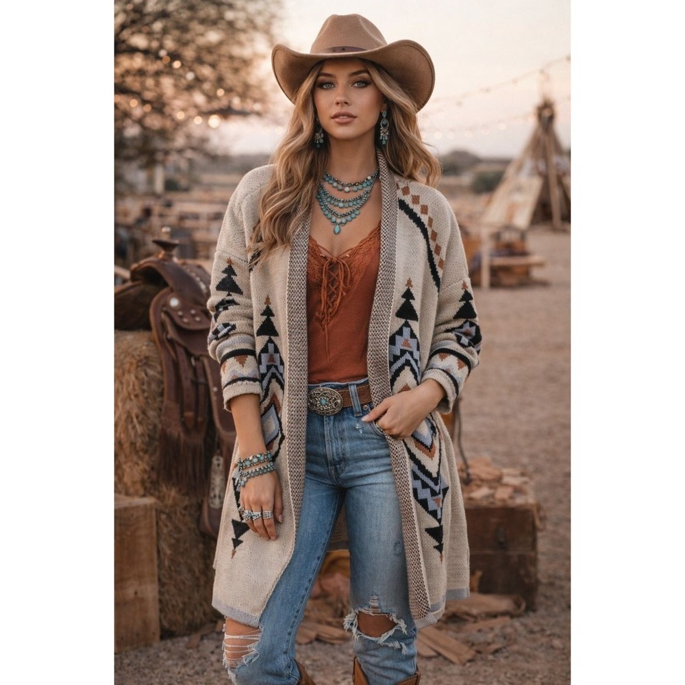 Woman's Taupe & Brown Aztec Tribal Western Boho Duster Chic Sweater L Blue B